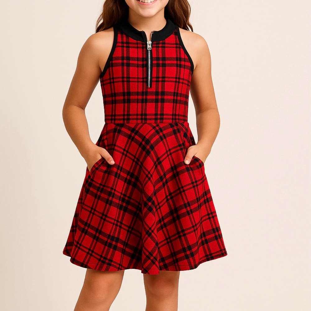 Justice Red Plaid Sleeveless Skater Dress w Zip Front & Pockets – Girls 10